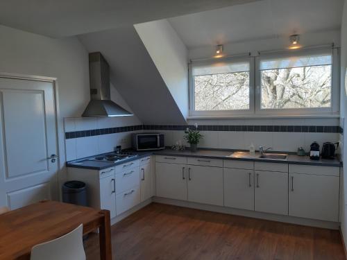 a kitchen with white cabinets and a sink and two windows at B&B Appartementen Engelenhof in Stevensweert