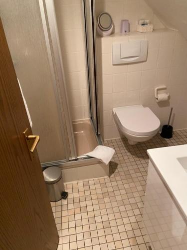 a bathroom with a toilet and a sink and a shower at Klosterschänke Hude Hotel Ferienwohnungen Restaurant Café in Hude