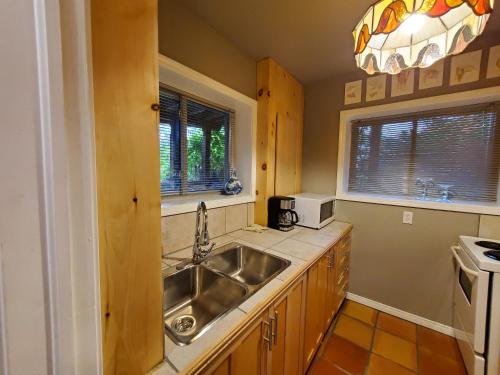 a kitchen with a sink and a microwave at Shambhala Bed and Breakfast in Buckhorn