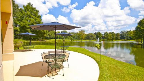 a table and chairs with an umbrella in front of a lake at Hotel Francis in Saint Francisville