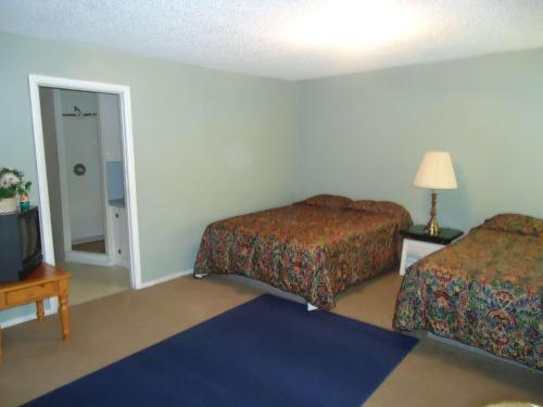 Blue Mountain Motel في Okanogan: غرفه فندقيه سريرين وتلفزيون