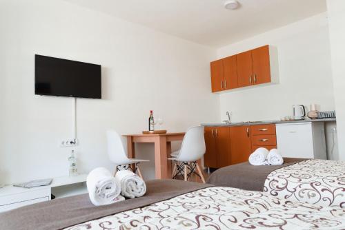 Habitación de hotel con 2 camas y cocina en APARTMANI CENTAR LUX NEW, en Zrenjanin