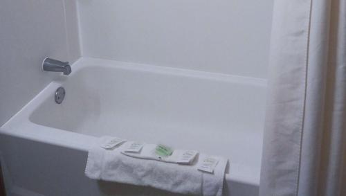 bañera blanca con cortina de ducha blanca en Juniper Motel Madras, en Madras