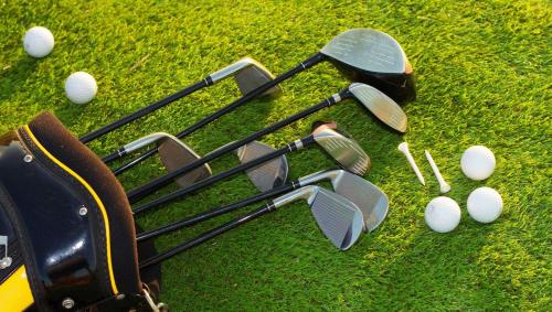 a group of golf balls and glasses on the grass at Motel Forrest Rockville in Rockville
