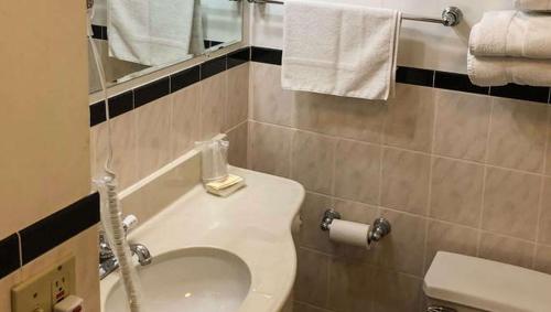 a bathroom with a sink and a toilet and towels at Pleasant Valley Motel West Stockbridge in West Stockbridge