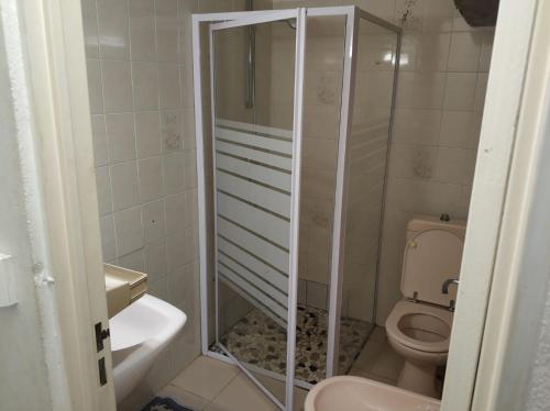 a small bathroom with a toilet and a shower at Mandariniers 97232 in Le Lamentin