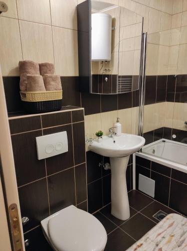 a bathroom with a sink and a toilet and a tub at Apartman HANA in Travnik
