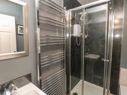 a bathroom with a shower and a sink at The Old Barn in Alton