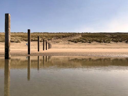 a beach with poles in the sand and water at RiverSide Suite - Haarlem City Centre in Haarlem
