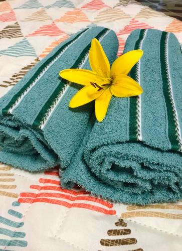 a towel with a yellow flower on top of it at Casa à beira do rio Jaguareguava na Mata Atlântica em Bertioga SP in Bertioga