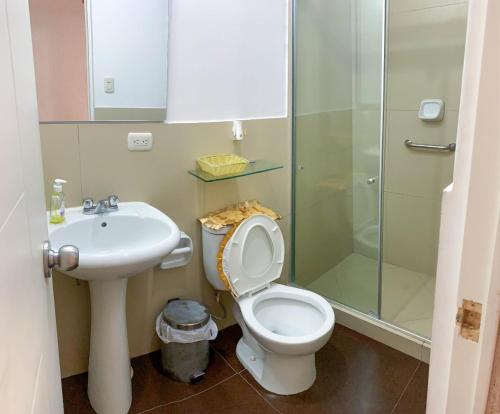 a bathroom with a toilet and a sink and a shower at Peruvian Apartment in Lima