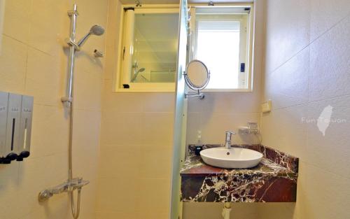 a bathroom with a sink and a mirror and a shower at 花蓮 達芙妮花園民宿 in Jian