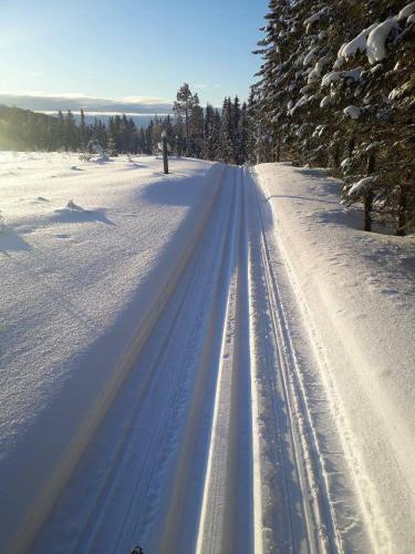 a snow covered road with tracks in the snow at Holiday home Hammarstrand 4 persons in Hammarstrand