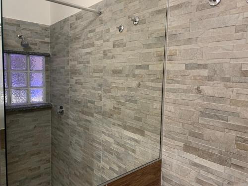 a bathroom with a shower with a stone wall at Hotel Malpensafiera in Bernate Ticino