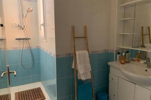 une salle de bain avec douche et lavabo dans l'établissement Bel appartement à 100 mètres de la plage, à Nice