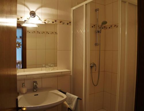 a bathroom with a sink and a shower at Landhaus Gletschermühle in Bad Gastein