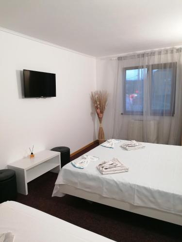 a room with a bed and a tv and a table at Hotel Hobby in Hunedoara