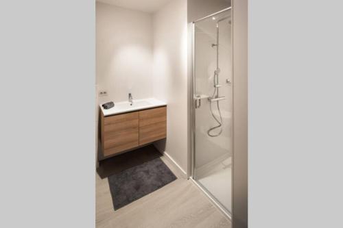 a bathroom with a sink and a shower at Domein Lepelem in De Haan