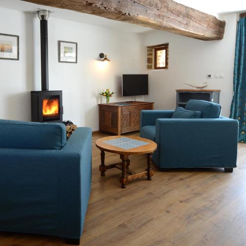 a living room with two blue couches and a fireplace at La Martinière in Saint-Aubin-Fosse-Louvain
