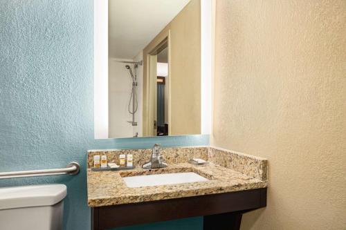 a bathroom with a sink and a toilet and a mirror at La Quinta Inn & Suites by Wyndham Richmond-Midlothian in Midlothian