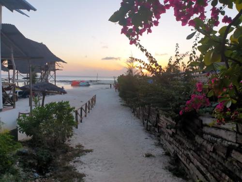 a pathway leading to the beach at sunset at Ndiro Beach House Kendwa in Kendwa