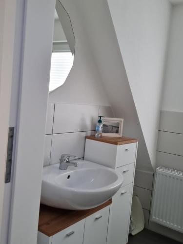 un bagno con lavandino e specchio di Wohnung "Burgtiefe" in Bannesdorf auf Fehmarn a Fehmarn