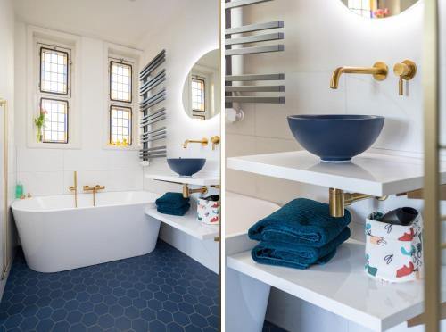 two pictures of a bathroom with a sink and a tub at B&B d'Ouwe Grutter in Wagenberg