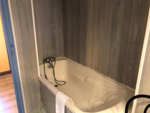 a white bath tub with a shower in a bathroom at Auberge du Renard'eau in Bèze