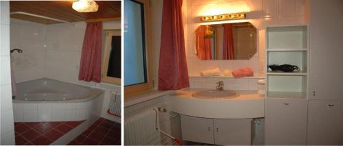 - deux photos d'une salle de bains avec un lavabo et une baignoire dans l'établissement Ferienwohnung Hildegard, à Silbertal