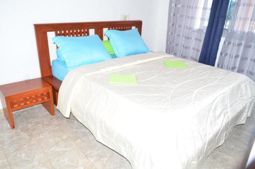 Schlafzimmer mit einem Bett mit blauen und grünen Kissen in der Unterkunft Vegas House in Jaunde