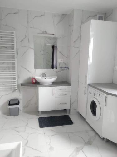 a white bathroom with a sink and a washing machine at Biały Dom in Piecki