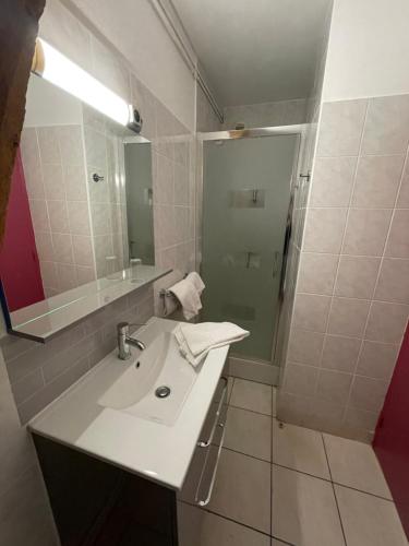 a bathroom with a sink and a mirror at Sarl Macarena in Pouillenay