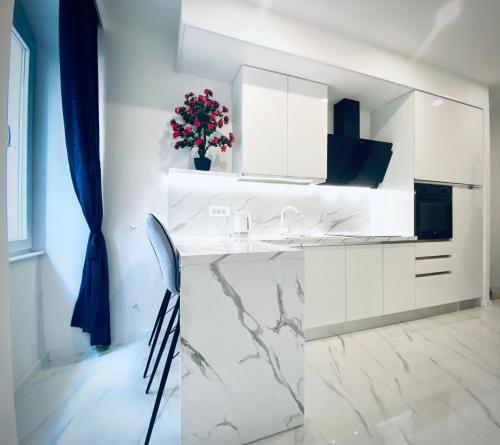 a white kitchen with a counter and a sink at Studio Six in Umag