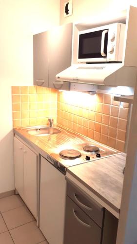 une cuisine avec un évier et un micro-ondes dans l'établissement Charmant studio en plein centre avec parking, à Saint-Omer