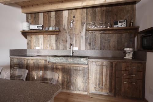 Il comprend une cuisine avec un évier et des murs en bois. dans l'établissement Tabià Alleghe vista lago, monte Civetta Dolomiti, à Alleghe