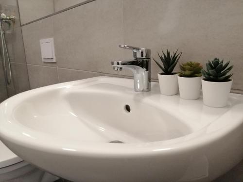 a white sink in a bathroom with potted plants at Apartment EG in Oststeinbek
