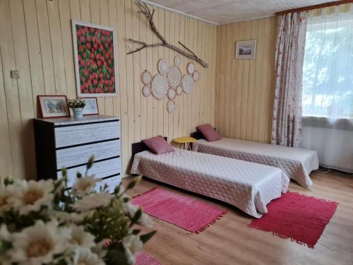 a bedroom with two beds and a dresser in it at Siedlisko Bolek in Nadrybie