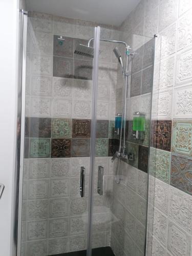 a shower with a glass door in a bathroom at Hostal Restaurante Casa Isabel in Gamonal
