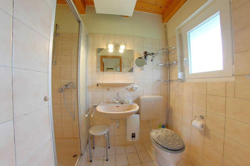 een badkamer met een wastafel, een douche en een toilet bij Strandvogt 2 OH28 in Dorum Neufeld
