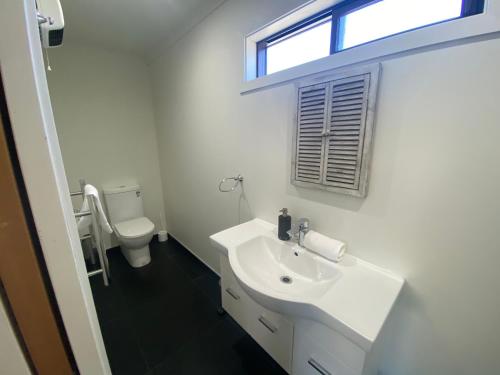 a bathroom with a sink and a toilet and a window at Star Cottages in Lake Tekapo