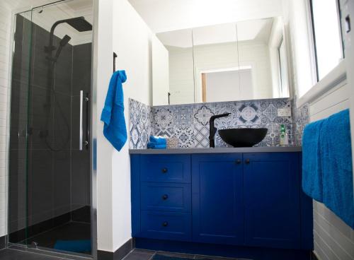 uma casa de banho azul com um lavatório e um chuveiro em Tyenna River Cottages em Tyenna