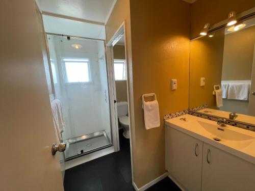 uma casa de banho com um lavatório, um WC e um espelho. em Six On Union Motel em Rotorua