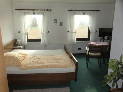 a bedroom with a bed and a table and two windows at Hotel Die Clus 