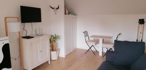 una sala de estar con un sofá y una mesa en Charmante maisonnette, en Orléans