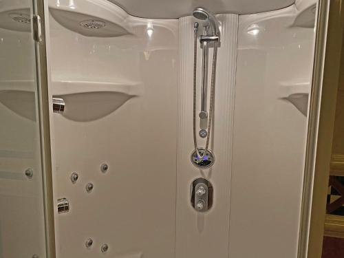 a white shower door with a silver handle at Villa Prinsenhof # Vierendertig in Bergen
