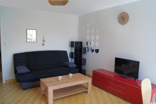 un salon avec un canapé et une table basse dans l'établissement Lara 5 - Grand T2 sans vis-à-vis Parking - Près centre-port, île des Loisirs, plage Richelieu, au Cap d'Agde