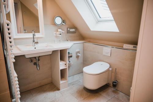 a bathroom with a toilet and a sink and a skylight at Hotel Birke, Ringhotel Kiel in Kiel