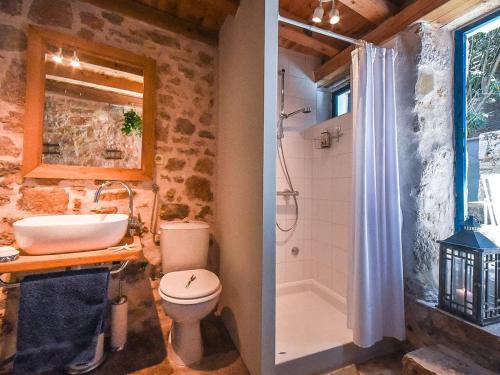 a bathroom with a toilet and a sink and a shower at 450 year-old house with a garden in Stari Grad
