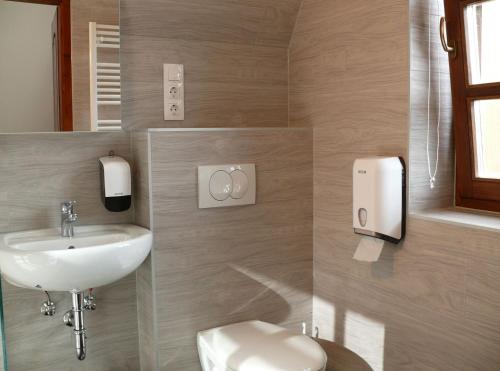 a bathroom with a sink and a toilet at Kádárta Vendéglő Panzió in Veszprém