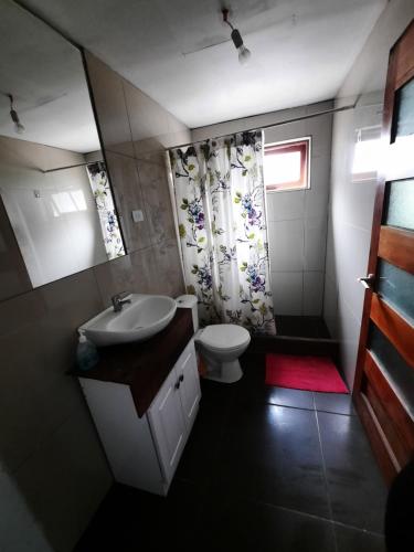 a bathroom with a sink and a toilet with a shower curtain at Casa Cueva Cardonal in Curanipe
